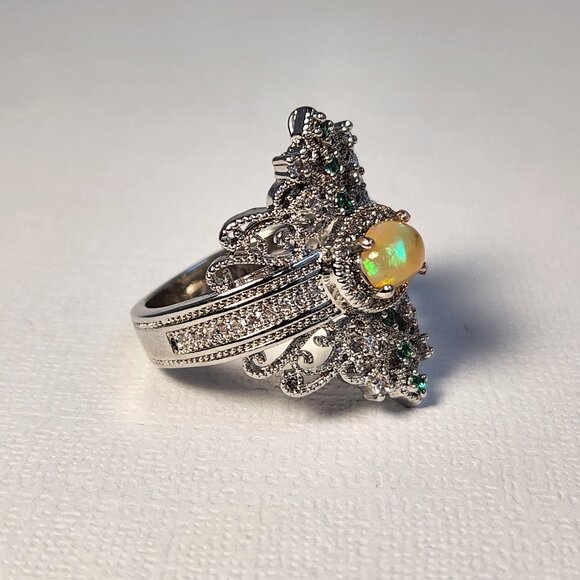 NIB 925 Art Deco Natural Opal & Tsavorite Accent Ornate Scroll Ring Sz 8.5 - Picture 3 of 12